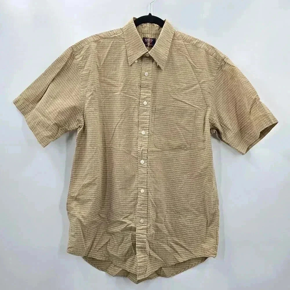 Arrow Tan‎ Stripe Plaid Button Up Short Sleeve Shirt Medium